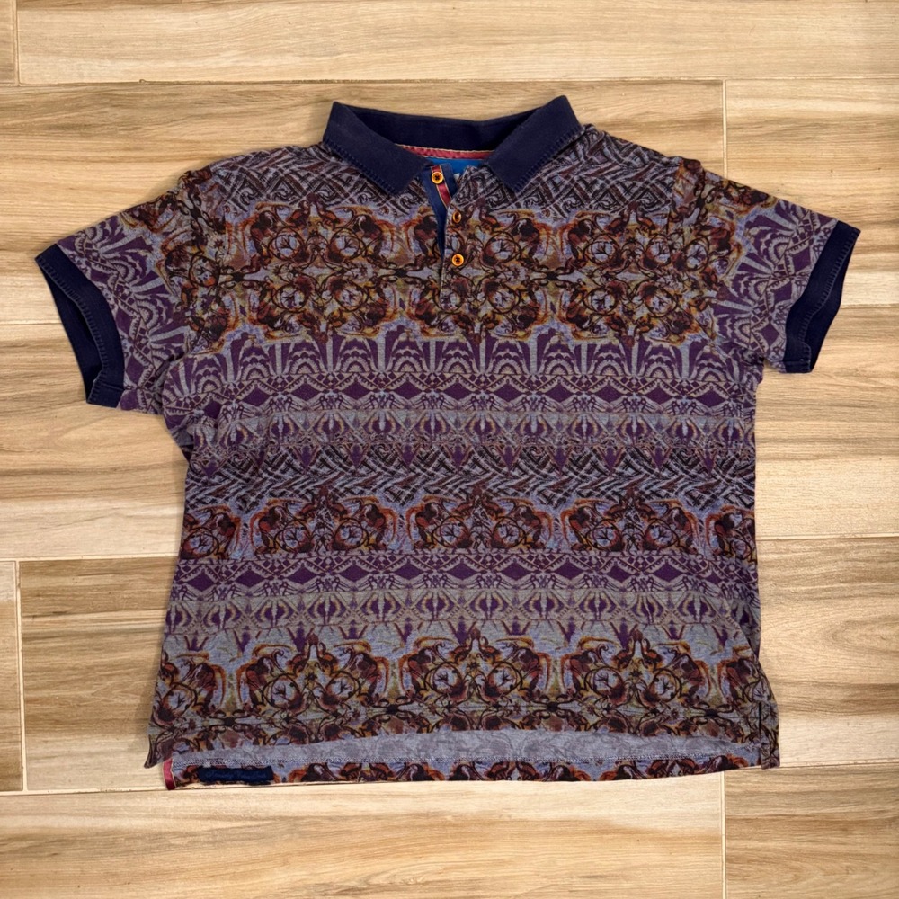 Robert Graham Classic Polo Shirt Mens 2XL Purple Geometric Damask Print Cotton